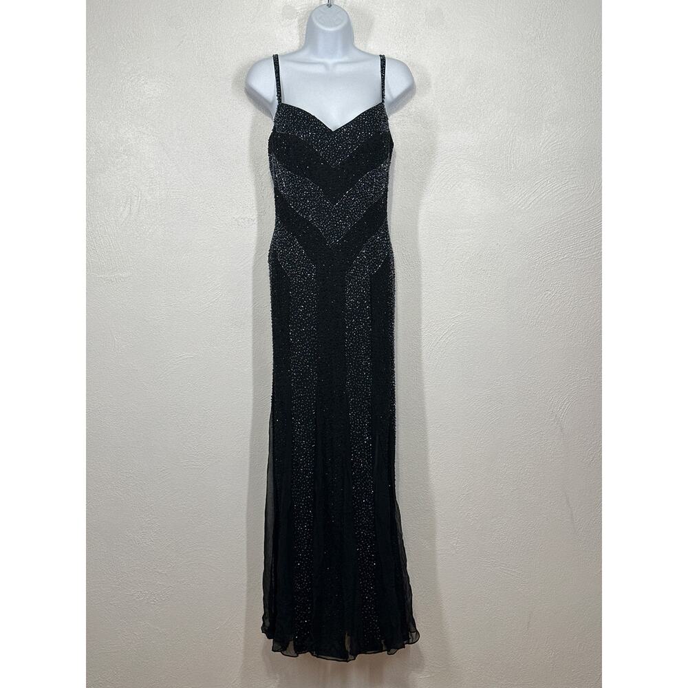 VTG La Femme Paris Fully Beaded Maxi Dress 12 100% Silk Black Sheer Dark Fairy